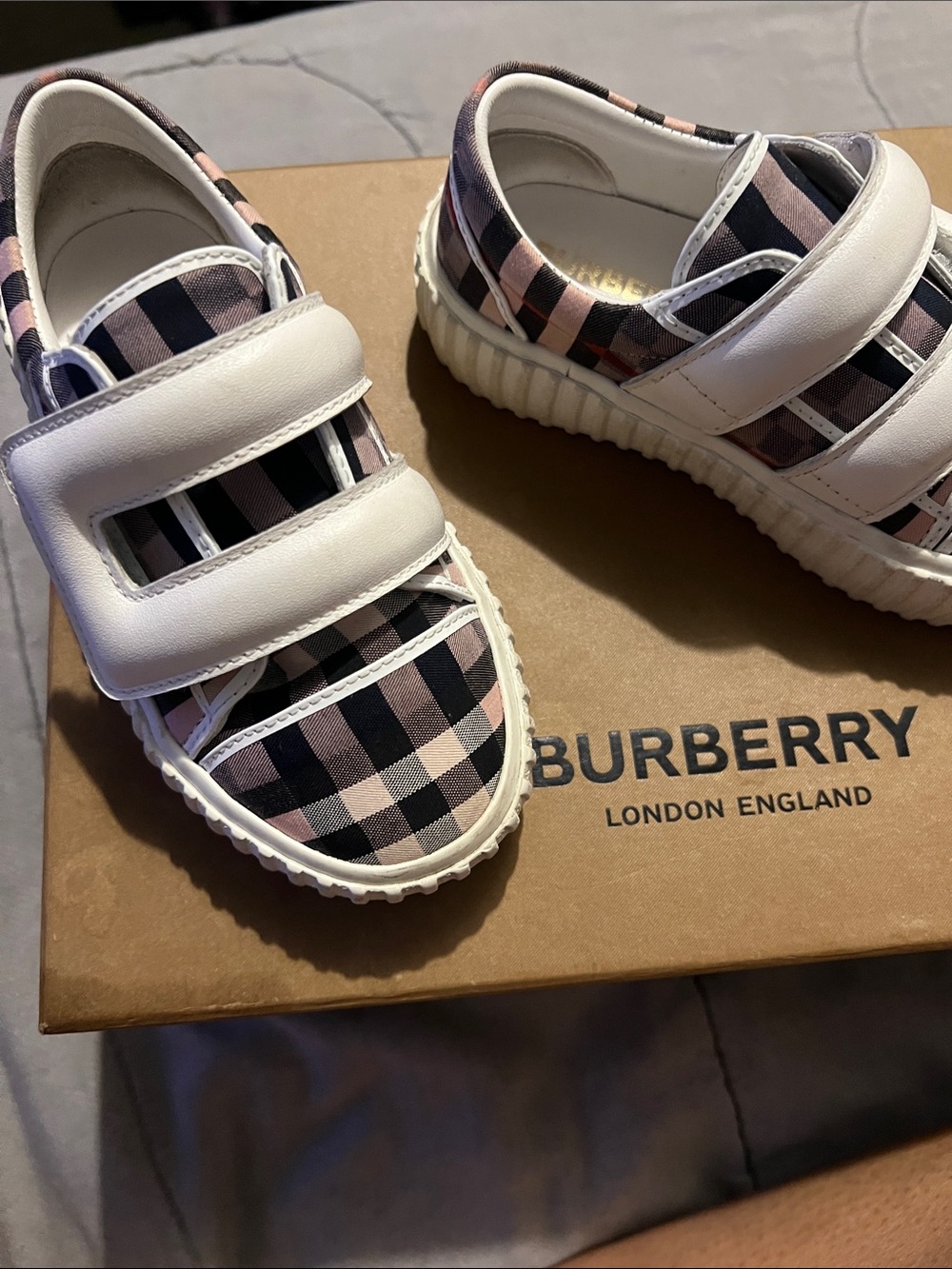 Burberry Kids Pink and Black Check Velcro Sneakers